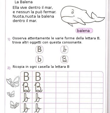 Scheda con le consonanti B di balena