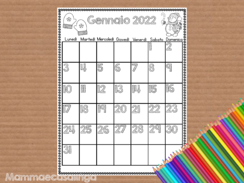 Calendario da colorare Gennaio 2022