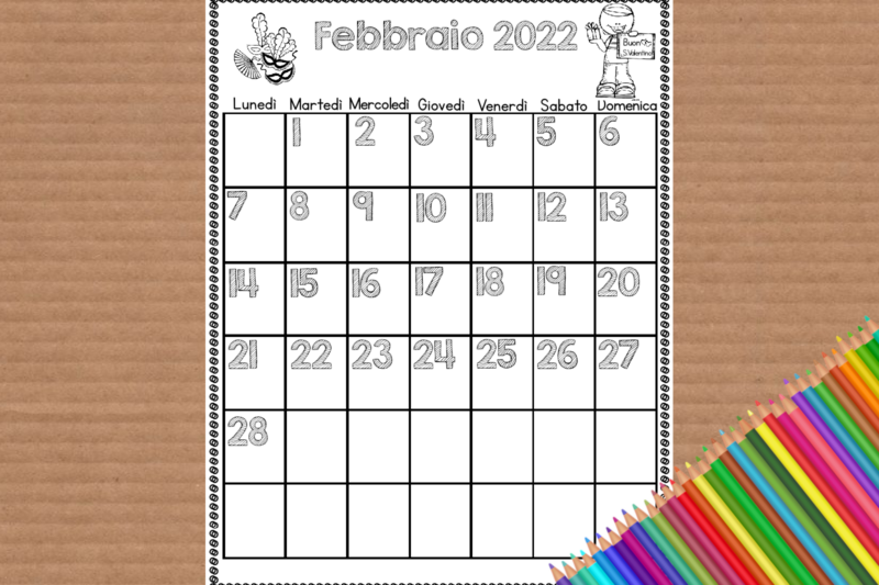 Calendario da colorare Febbraio 2022