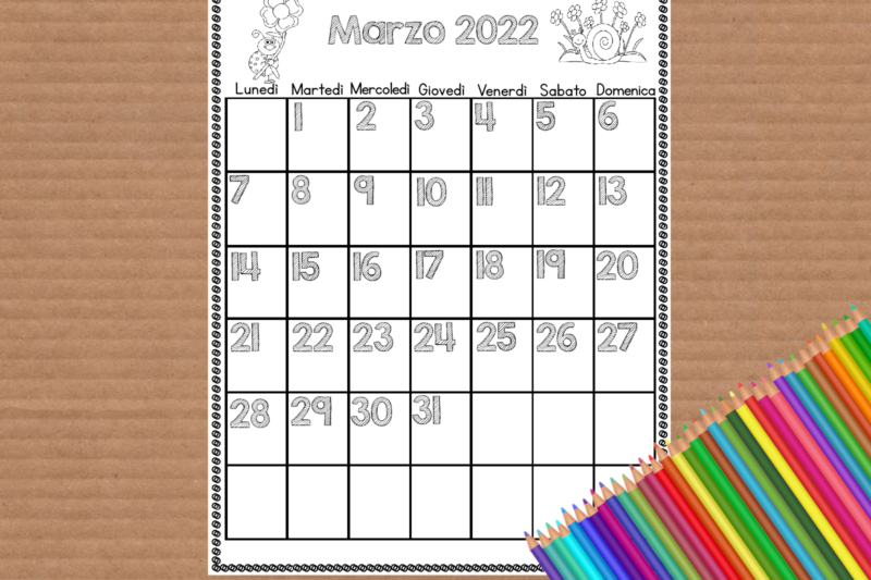 Calendario mese di Marzo 2022 da colorare
