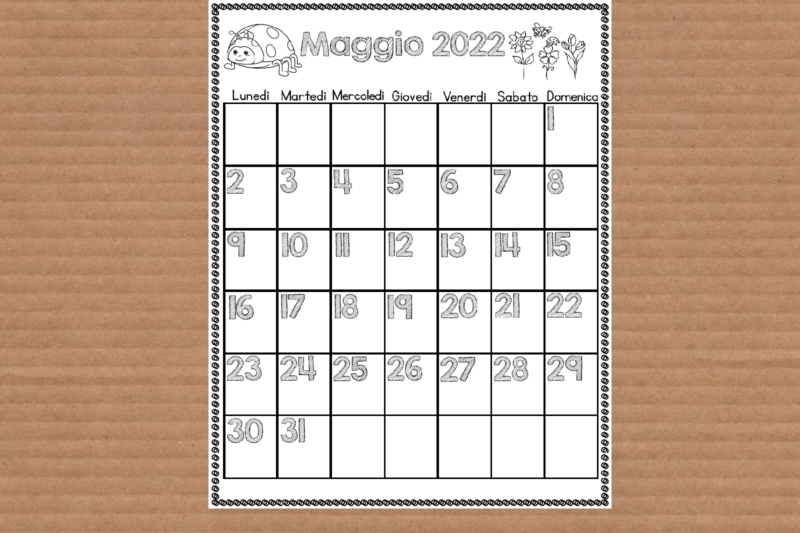 Calendario mese di Maggio 2022 da colorare
