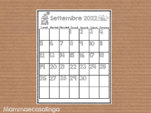 Calendario mese di Settembre 2022 da colorare