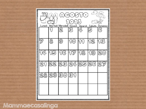 Calendario mese di Agosto 2023 da colorare
