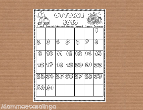 Calendario del mese di Ottobre 2023 da colorare