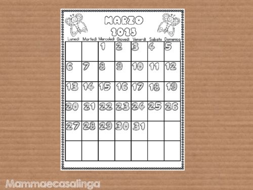 Calendario mese di Marzo 2023 da colorare