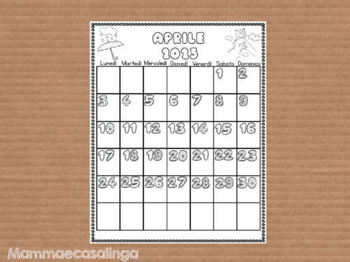 Calendario mese di Aprile 2023 da colorare